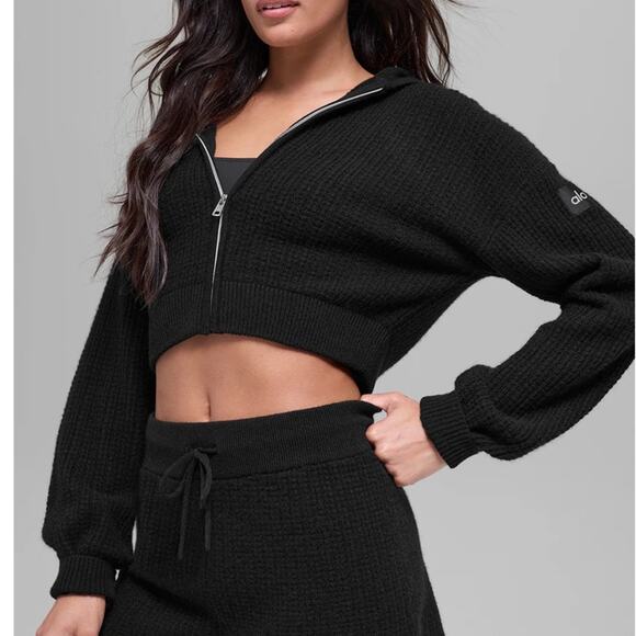 Alo Sweaters - Alo Yoga Cashmere Plush Waffle Full Zip Hoodie Black Size Small $348 EUC Crop